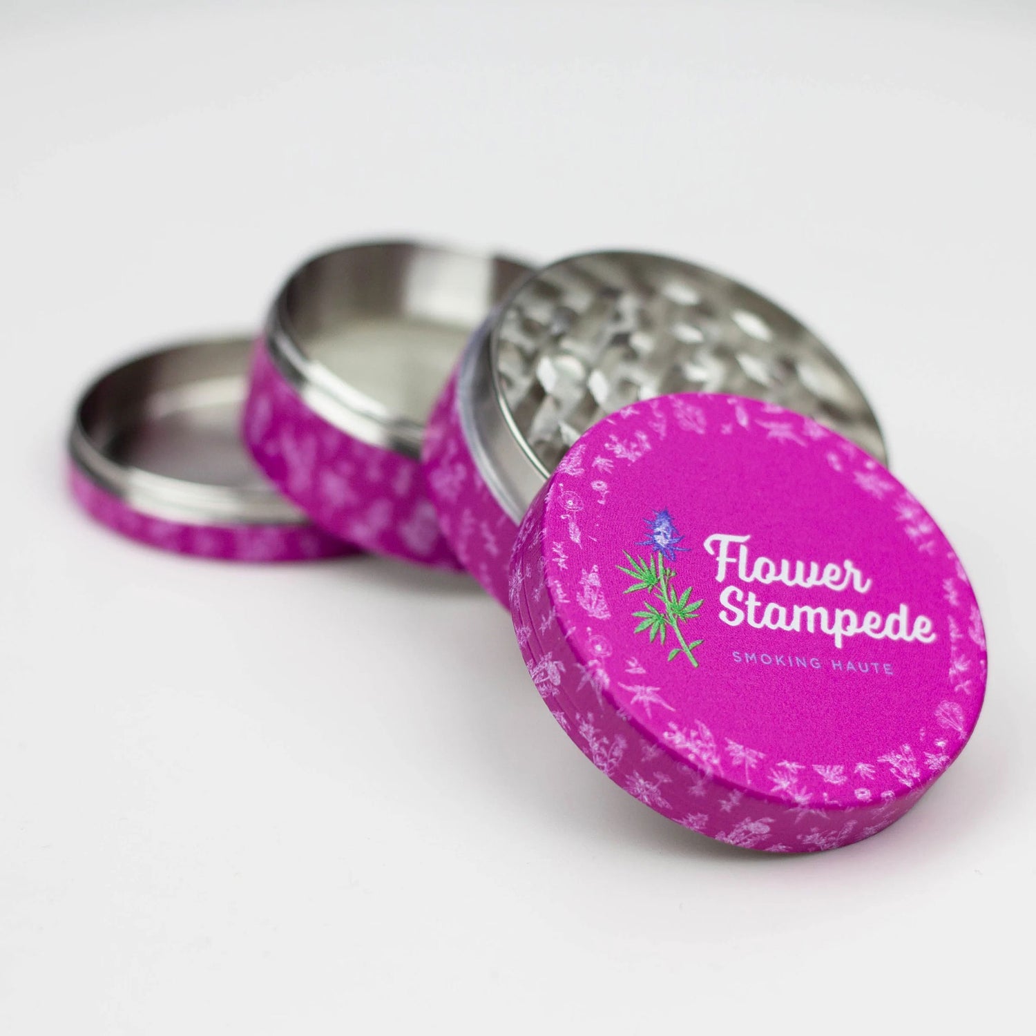 Flower Stampede 4-Layer Cannabis Grinder in Pink and White
